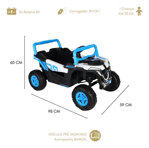 Carro Eletrico Infantil Utv 12v Azul Bivolt Luz Led Usb Controle Mini Jipe 2 Em 1